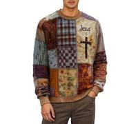 Mens Patchwork Style Cross Sweater - Colorful Sweatshirt with Jesus Print and Patch Look | Christian and Artistic Top for Faith, Style L01 Khaki, M