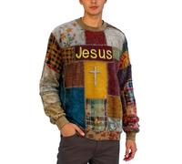 Mens Patchwork Style Cross Sweater - Colorful Sweatshirt with Jesus Print and Patch Look | Christian and Artistic Top for Faith, Style L02 Brown, XXL