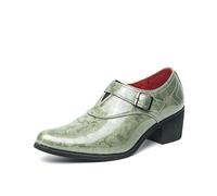 Men's Patent Leather Chunky Heel Dress Loafers with Buckle Strap Fashion Classic Slip On Oxford Shoes Casual Business Office Wedding Formal Shoes (9,Green)