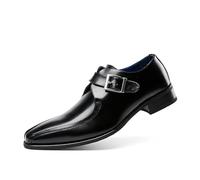 Men's Patent Leather Dress Loafers Chunky Heel Monk Strap Pointed Toe Formal Business Office Church Shoes(Black,5.5 UK)