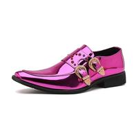 Men's Patent Leather Pointed Double Monk Straps Loafers Rivets Slip-on Non-Slip Waterproof Oxford Formal Business Dress Shoes (Purple,9)