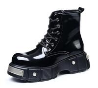 Men's Patent Leather Short Boots with Side Zipper Chunky Heel Platform Biker Boots Lace Up Punk Boot,Black Velvet Lining,7.5 UK