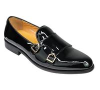 Mens Patent Real Leather Monk Shoes Retro Hi Shine Glossy Slip on Wedding Loafers