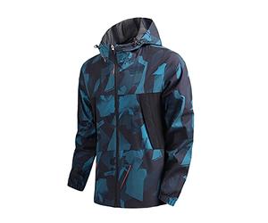 Men's patterned hooded windbreaker jacket, lightweight waterproof hiking jacket, breathable outdoor zip-up coat, stylish camo sports jacket for men, autumn spring windproof jacket