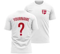 Mens Personalised Denmark Badge T Shirt Name and Number Tee Danish Football Nation Top, XL, White
