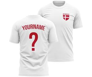 Mens Personalised Denmark Badge T Shirt Name and Number Tee Danish Football Nation Top, XL, White