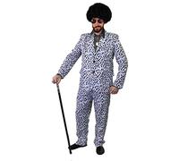 Mens Pimp Fancy Dress Costume - 70s Style Dalmatian Print Suit With Trousers, Black Satin Shirt With Large Collar and Cuffs, Sunglasses, Black Afro Wig and Gold Medallion (X-large)