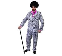 Mens Pimp Fancy Dress Costume - 70s Style Dalmatian Print Suit With Trousers, Pink Satin Shirt With Large Collar and Cuffs, Sunglasses, Pink Afro Wig and Gold Medallion (Small)