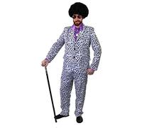 Mens Pimp Fancy Dress Costume - 70s Style Dalmatian Print Suit With Trousers, Purple Satin Shirt With Large Collar and Cuffs, Sunglasses, Purple Afro Wig and Gold Medallion (Small)