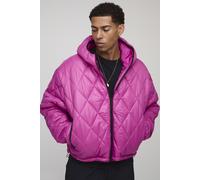 Mens Pink Oversized Boxy High Sheen Diamond Quilted Hooded Funnel Puffer Jacket, Pink L