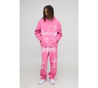 Mens Pink Oversized Homme Pearl Embellished Zip Through Hoodie, Pink L