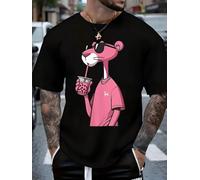Men's Pink Panther Graphic 100% Cotton Breathable Black & Pink Retro Cartoon Streetwear Tee with Bubble Tea Design T Shirt