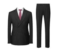 Men's Pinstripe Double-Breasted Suit Two-Piece Wedding Party Business Dress Jacket and Pants Male Sets Black