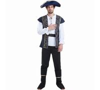 Men's Pirate Costume 6 Pieces | Vintage Flower Pattern Blouse Trousers Waistcoat Hat Belt and Foot Cover for Carnival Cosplay