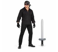 Mens Pirate Robber Halloween 5 Piece Fancy Dress Costume Set Black | black colour, 5-piece pirate set, lace-up shirt bandana eye mask gloves sword, adult halloween costume, sizes S-XXXL