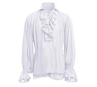 Men's Pirate Shirt Vampire Renaissance Victorian Steampunk Gothic Ruffled Medieval Classic Retro Halloween Costume Shirt Lace Ruffle Blouse Vintage Cosplay Top, White, 3XL