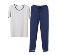 Mens Pjs Sets Short Sleeve Modal Pyjamas Two Piece Pajama Set for Men Crew Neck Tops and Elastic Waist Pants Solid Colour Lightweight Nightwear Summer Loungewear with Pockets L-4XL