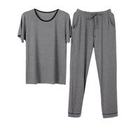 Mens Pjs Sets Short Sleeve Modal Pyjamas Two Piece Pajama Set for Men Crew Neck Tops and Elastic Waist Pants Solid Colour Lightweight Nightwear Summer Loungewear with Pockets L-4XL