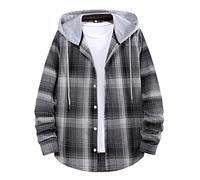 Mens Plaid Hoodie Flannel Shirt Jacket Long Sleeve Button Down Lightweight Casual Buffalo Plaid Checkered Sweatshirt with Hood Cowboy Western Fall Winter Sweatshirts Outwear Grey