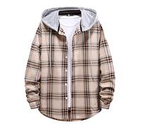 Mens Plaid Hoodie Flannel Shirt Jacket Long Sleeve Button Down Lightweight Casual Buffalo Plaid Checkered Sweatshirt with Hood Cowboy Western Fall Winter Sweatshirts Outwear Khaki