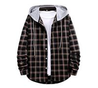 Mens Plaid Hoodie Flannel Shirt Jacket Long Sleeve Button Down Lightweight Casual Buffalo Plaid Checkered Sweatshirt with Hood Cowboy Western Fall Winter Sweatshirts Outwear Black
