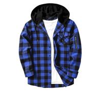 Mens Plaid Hoodies Lightweight Checked Sweatshirt Hooded Buffalo Shacket Casual Button Down Jacket Long Sleeve Flannel Overshirt Drawstring Hood Zipper Pocket Regular Fit Lumberjack Layering Outerwear