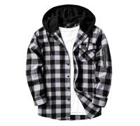 Mens Plaid Hoodies Lightweight Checked Sweatshirt Hooded Buffalo Shacket Casual Button Down Jacket Long Sleeve Flannel Overshirt Drawstring Hood Zipper Pocket Regular Fit Lumberjack Layering Outerwear