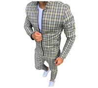 Men'S Plaid Jacket Set,Men'S Gingham Check Tracksuit Set, Casual Slim Fit Plaid Zipper Jacket And Trousers, Fashionable Grid Pattern Two-Piece Outfit, Lightweight Breathable Sportswear