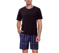 Men's Plaid Pajama Set Short Sleeve Crewneck Sleep T-Shirt Top and Pj Shorts Set Soft Loungewear Sleepwear(Purple,Large)