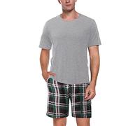 Men's Plaid Pajama Set Short Sleeve Crewneck Sleep T-Shirt Top and Pj Shorts Set Soft Loungewear Sleepwear(Brown,Large)