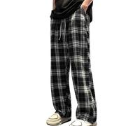 Men's Plaid Print Trousers Drawstring Waist Wide Straight Leg Pants Loose Pyjama Bottoms Plaid Print Elastic Waist Loose Wide Leg Pants Lounge Pants Pj Bottoms Women Casual Trousers Loungewear