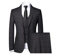 Men's Plaid Suit Slim Fit 3 Pieces Plaid Suit 1 Buckle Formal Wedding Suit, Black, M