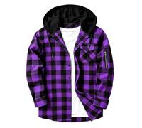 Mens Plaid Sweatshirt Hoodies Casual Flannel Overshirt Long Sleeve Button Jackets Lightweight Trendy Color Block Comfort Classic Checked Shirt Jacket with Drawstring Hood Overcoat Layering Outerwear