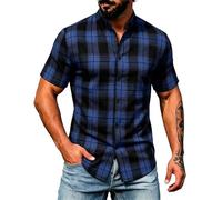 Men's Plaid T-Shirt Short Sleeve Mandarin Collar Casual Shirt Button Down Checkered Top Lightweight Breathable Summer Tartan Blouse Smart Casual Office Holiday Wear Regular Fit Daily Work Shirts Blue