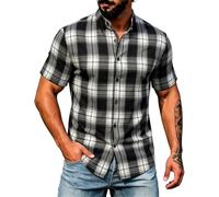 Men's Plaid T-Shirt Short Sleeve Mandarin Collar Casual Shirt Button Down Checkered Top Lightweight Breathable Summer Tartan Blouse Smart Casual Office Holiday Wear Regular Fit Daily Work Shirts Gray