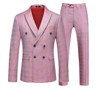 Men's Plaid Tuxedo Suit - Double Breasted 2-Piece Checkered Set with Suit Jacket and Pants for Prom and Wedding, Pink, 38