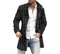 Men's Plaid Wool Blend Trench Coat Mid Length Lapel Single Breasted Overcoat with Lapel Collar Padded Jacket Vintage Thicken Casual & Semi Formal Outerwear for Autumn Winter (Black, XXXXL)