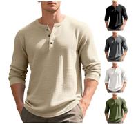 Mens Plain Plaid Henley T Shirt Long Sleeve Tops, Casual Collarless Grandad Tee Shirt with Buttons, Loose T-Shirts Lightweight Sweatshirts V Neck Pullover Autumn Winter Sports Golf Comfortable Shirts