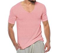 Men's Plain Short Sleeve V-Neck T-Shirt Tops, pink, XL
