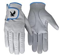 Mens Plastic Free Golf Glove - 100% Soft Sheeps Leather - No Plastic Velcro, Natural Rubber instead of Elastic and Paper Packaging (White with Blue Trim, Mens Small, Left)