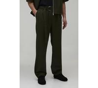 Men's Pleat Front Belted Relaxed Fit Co-ord Trousers | Khaki | Size Medium | BOOHOOMAN