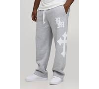 Men's Plus Baggy Gothic BM Cross Print Joggers | Grey Marl | Size 5X-Large | BOOHOOMAN