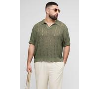 Men's Plus Boxy Oversized Stripe Open Knit Polo | Khaki | Size 4X-Large | boohooMAN