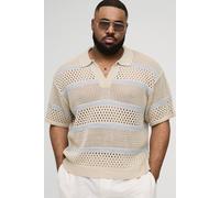 Men's Plus Boxy Oversized Stripe Open Knit Polo | Stone | Size 2X-Large | boohooMAN