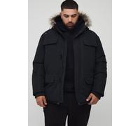 Mens Plus Faux Fur Hooded Arctic Parka Jacket in Black, Black 5XL