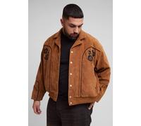 Men's Plus Faux Suede Embroidered Oversized Boxy Fit Western Jacket | Tan | Size 2X-Large | BOOHOOMAN