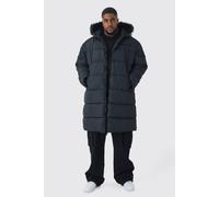Mens Plus Longline Faux Fur Regular Fit Hooded Puffer Jacket In Black, Black 5XL