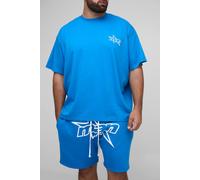Men's Plus Man Star Puff Print Oversized T-Shirt & Relaxed Jersey Short Set | Blue | Size 2X-Large | BOOHOOMAN