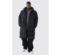 Mens Plus Mid Length Hooded Puffer Jacket In Black, Black 3XL