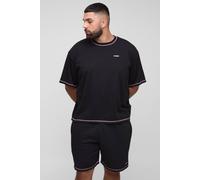 Men's Plus Official Man Contrast Stitch Oversized Boxy T-Shirt & Relaxed Jersey Short Set | Black | Size 2X-Large | BOOHOOMAN